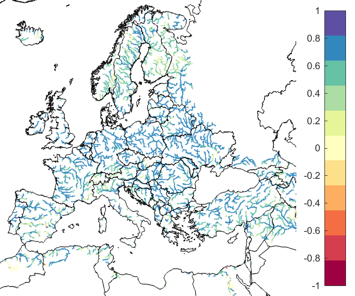 Figure 1. EFAS CRPSS at lead-time 1 day for March 2019, for catchments >2000km2. The reference score is persistence.