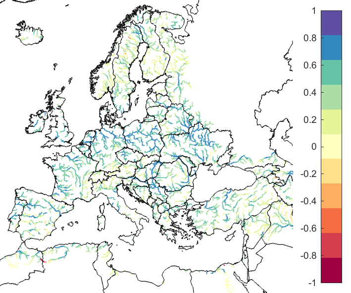 Figure 2. EFAS CRPSS at lead-time 3 days for March 2019, for catchments >2000km2. The reference score is persistence.