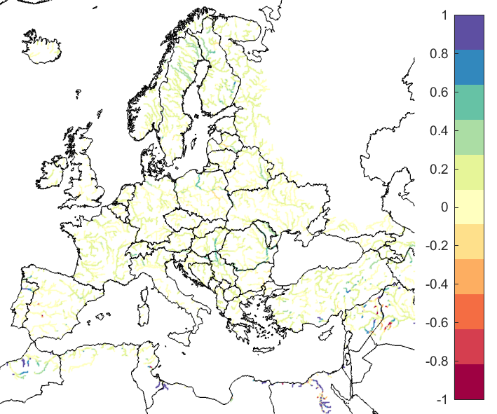 Figure 4. EFAS CRPSS at lead-time 10 days for July 2019, for catchments >2000km2. The reference score is persistence.