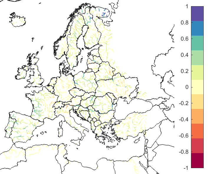Figure 4. EFAS CRPSS at lead-time 10 days for December 2019, for catchments >2000km2. The reference score is persistence.