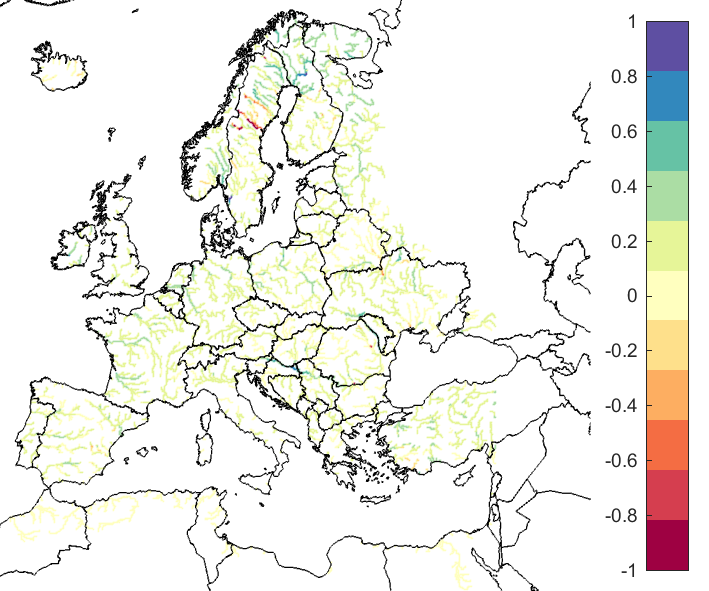 Figure 4. EFAS CRPSS at lead-time 10 days for May 2020, for catchments >2000 km2. The reference score is persistence.