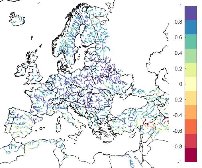 Figure 1. EFAS CRPSS at lead-time 1 day for October 2021, for all catchments. The reference score is persistence.