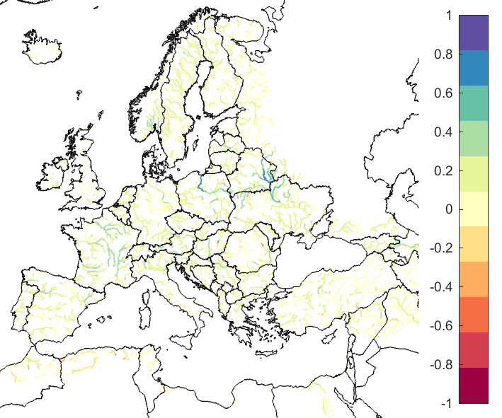 Figure 4. EFAS CRPSS at lead-time 10 days for October 2021, for all catchments. The reference score is persistence.