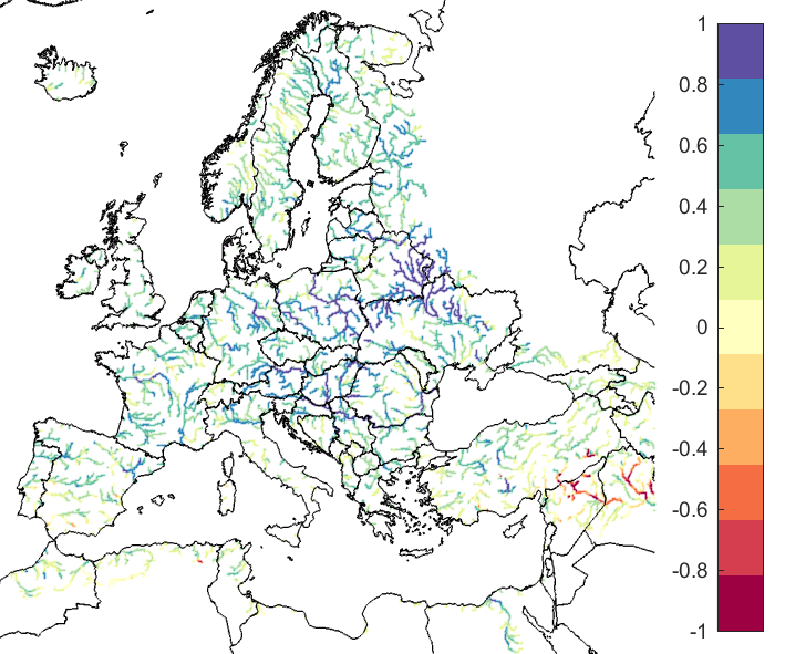 Figure 2. EFAS CRPSS at lead-time 3 days for October 2021, for all catchments.