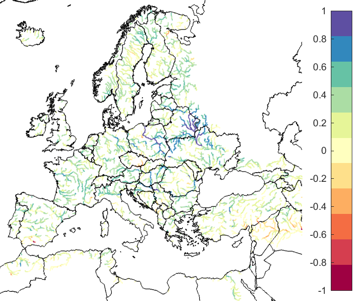 Figure 3. EFAS CRPSS at lead-time 5 days for October 2021, for all catchments. The reference score is persistence.
