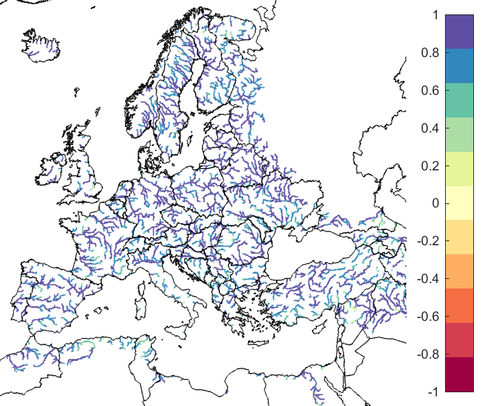 Figure 1. EFAS CRPSS at lead-time 1 day for November 2021, for all catchments. The reference score is persistence.