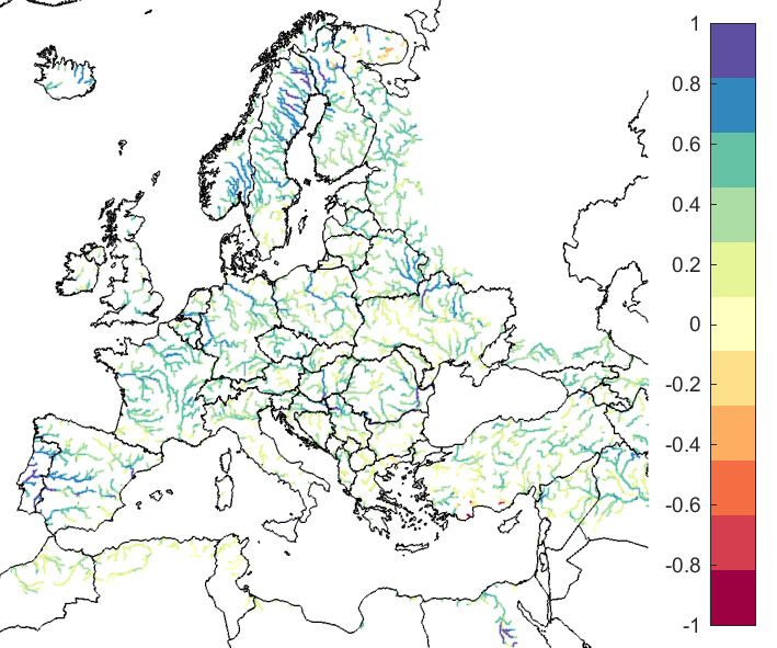 Figure 3. EFAS CRPSS at lead-time 5 days for November 2021, for all catchments. The reference score is persistence.