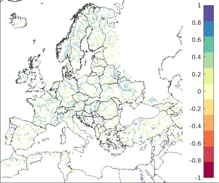 Figure 2. EFAS CRPSS at lead-time 3 days for August 2023, for all catchments.