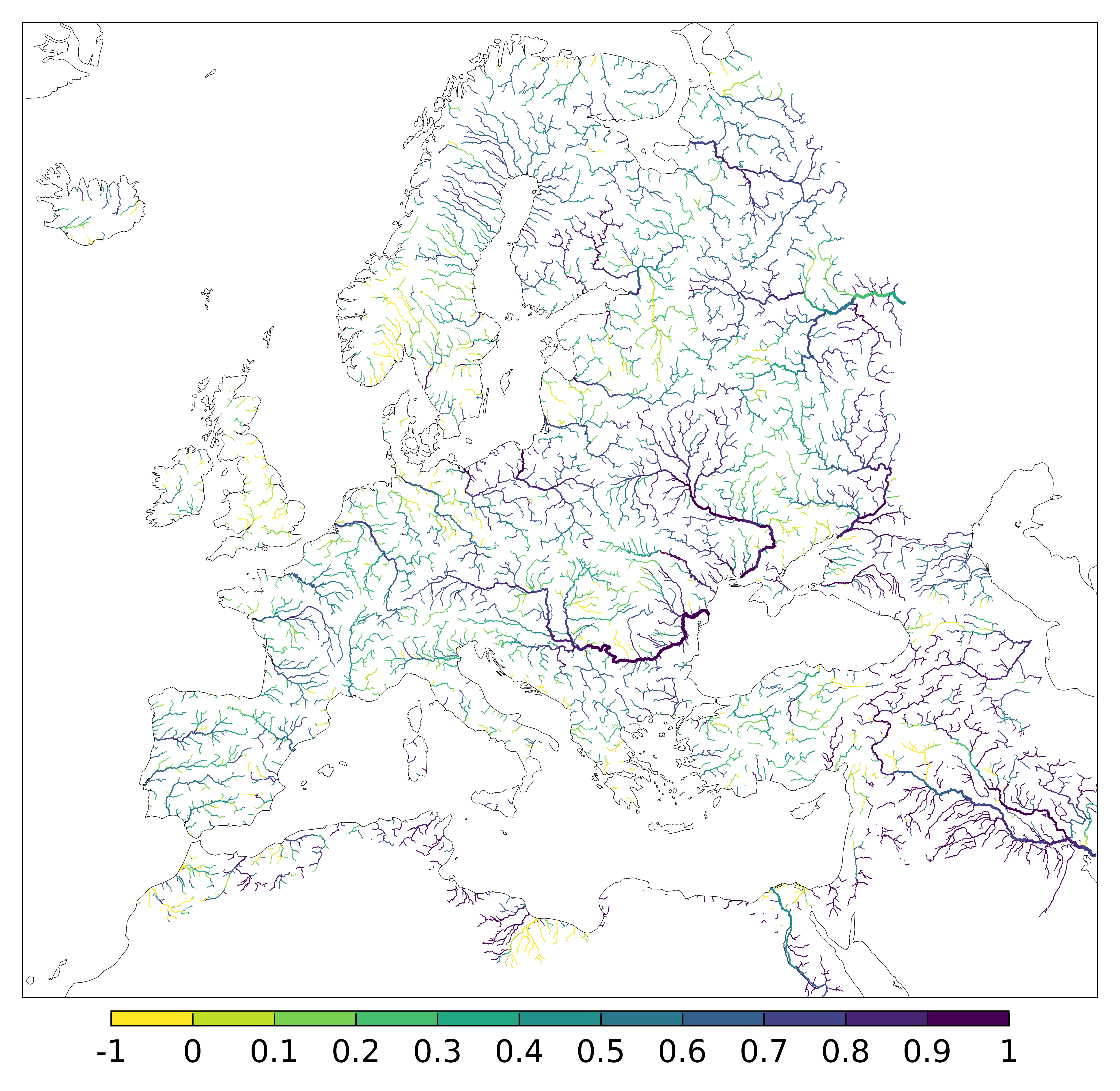 Figure 4. EFAS CRPSS at lead-time 10 day for October 2023 across the EFAS domain for catchments larger than 1000km2. Climatology is used as the reference forecast.