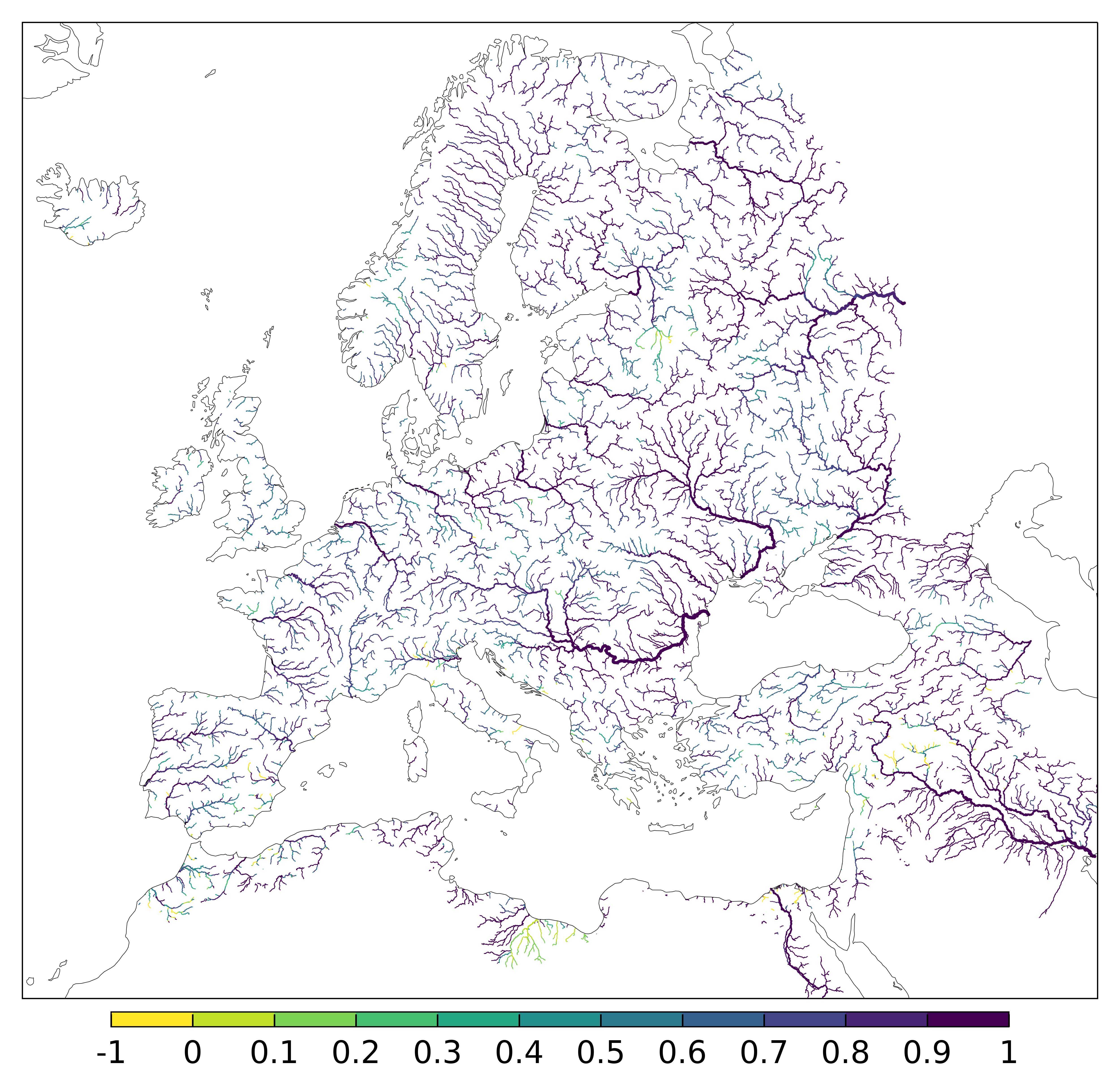 Figure 1. EFAS CRPSS at lead-time 1 day for October 2023 across the EFAS domain for catchments larger than 1000km2. Climatology is used as the reference forecast.