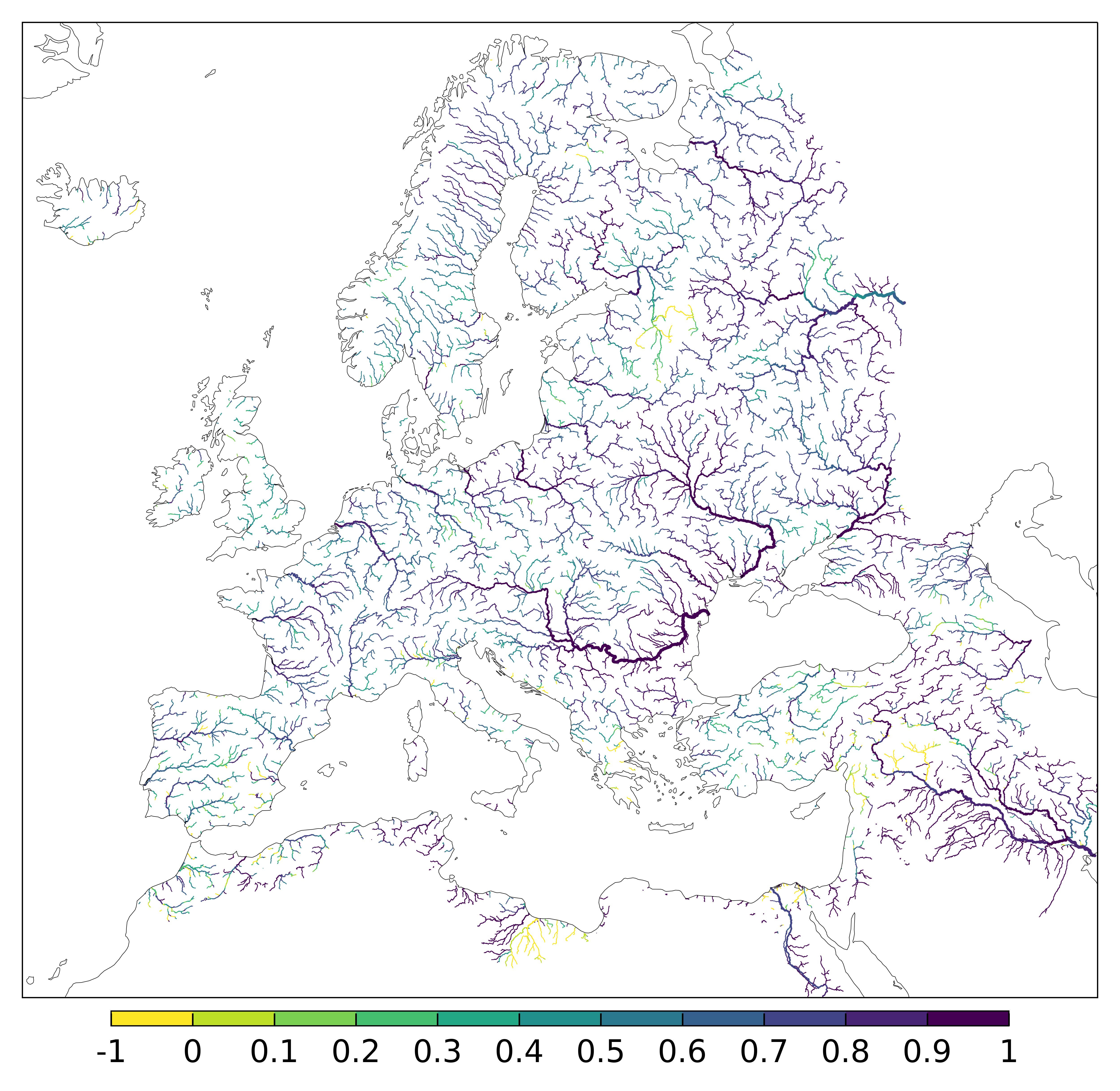 Figure 3. EFAS CRPSS at lead-time 5 day for October 2023 across the EFAS domain for catchments larger than 1000km2. Climatology is used as the reference forecast.