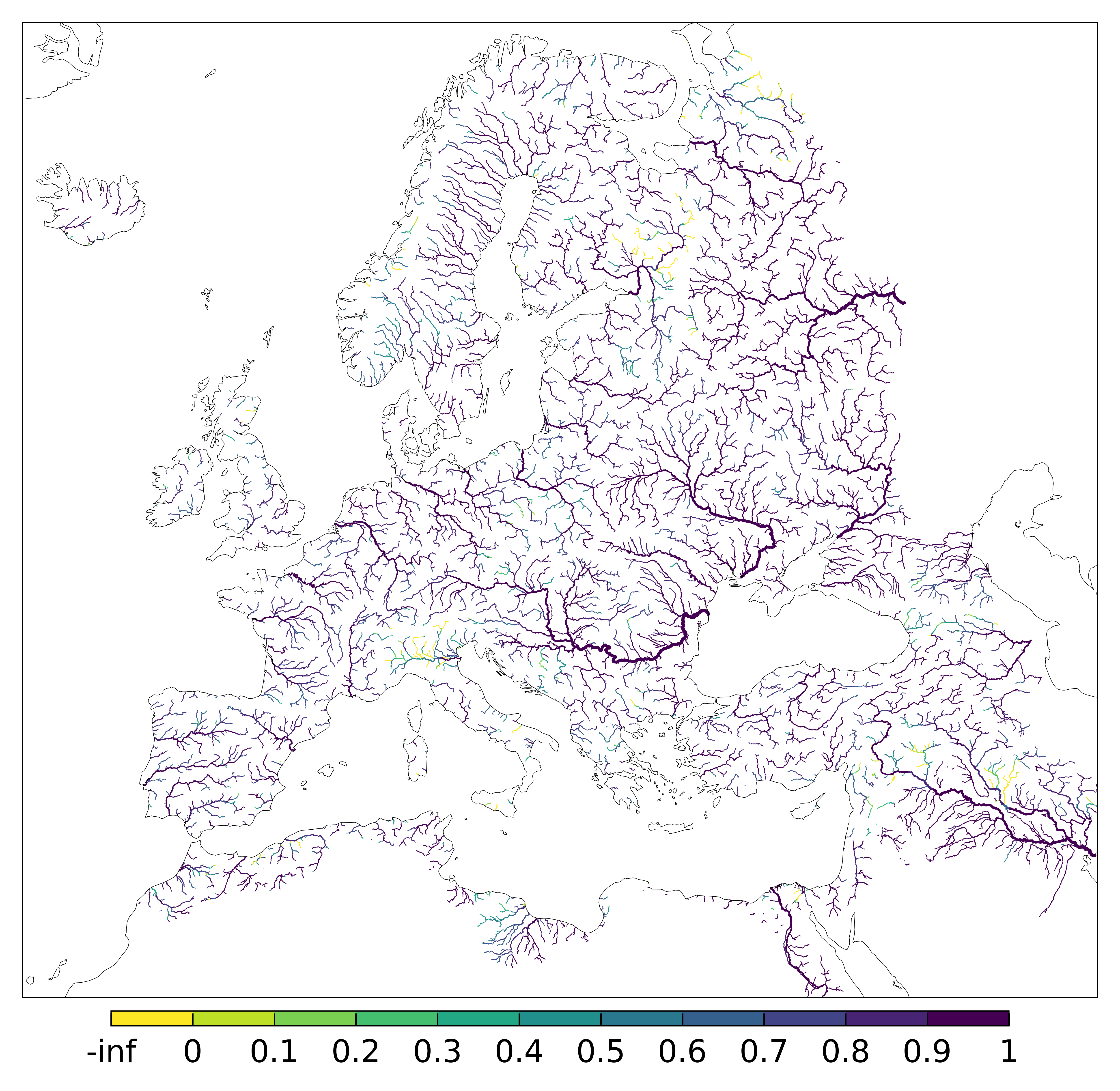 Figure 1. EFAS CRPSS at lead-time 1 day for February 2024 across the EFAS domain for catchments larger than 1000km2. Climatology is used as the reference forecast.