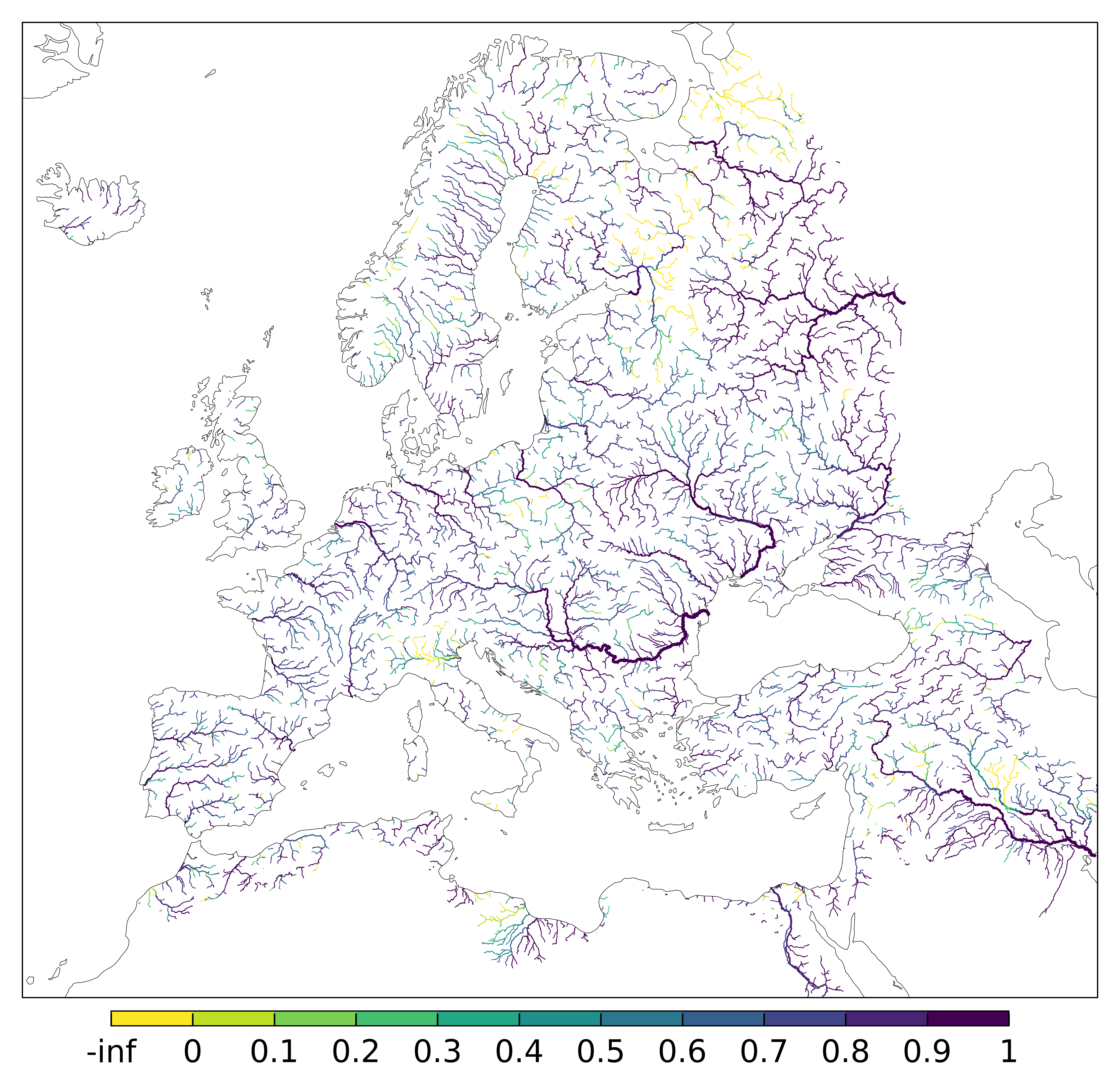 Figure 2. EFAS CRPSS at lead-time 3 day for February 2024 across the EFAS domain for catchments larger than 1000km2. Climatology is used as the reference forecast.