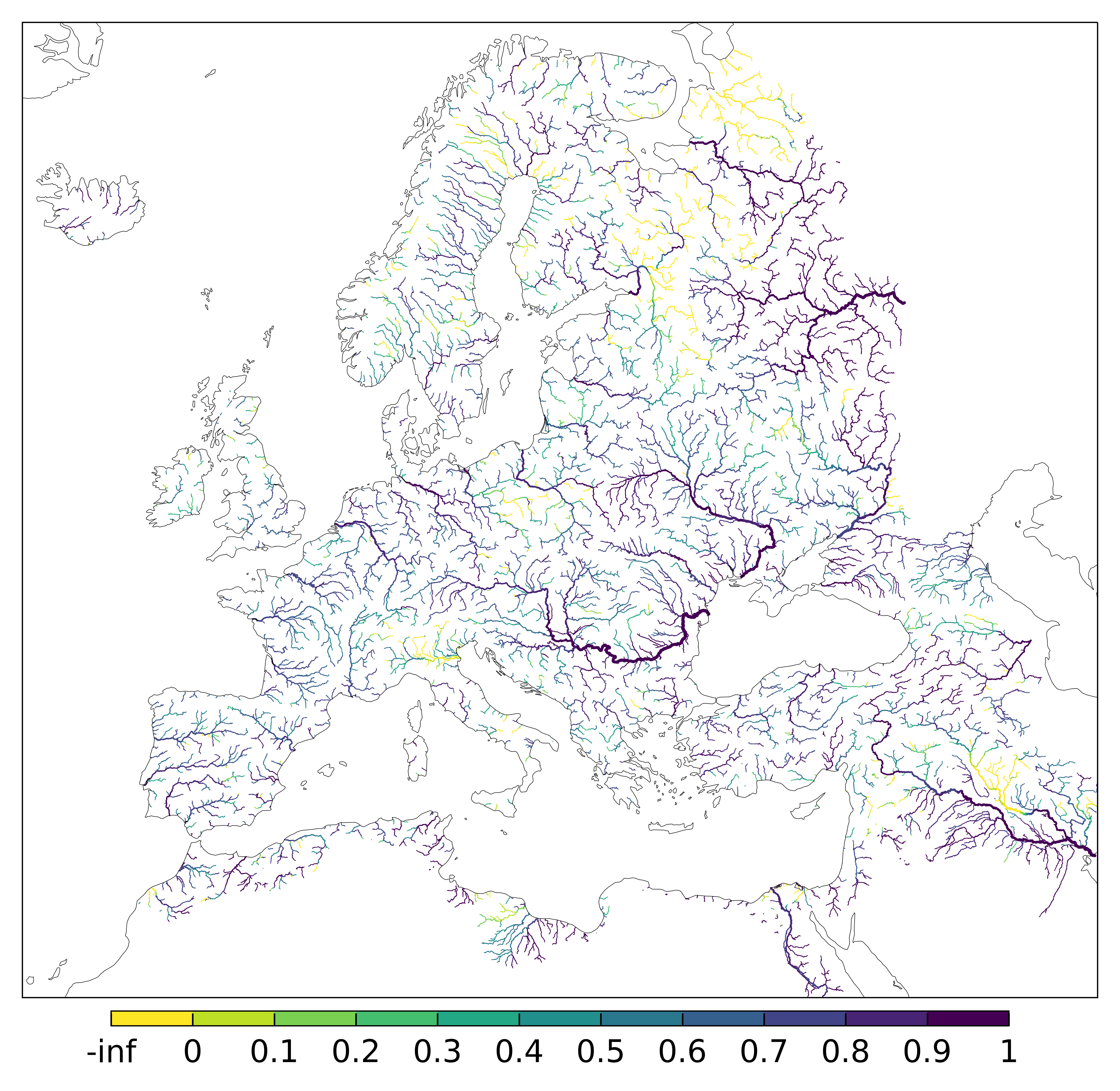 Figure 3. EFAS CRPSS at lead-time 5 day for February 2024 across the EFAS domain for catchments larger than 1000km2. Climatology is used as the reference forecast.