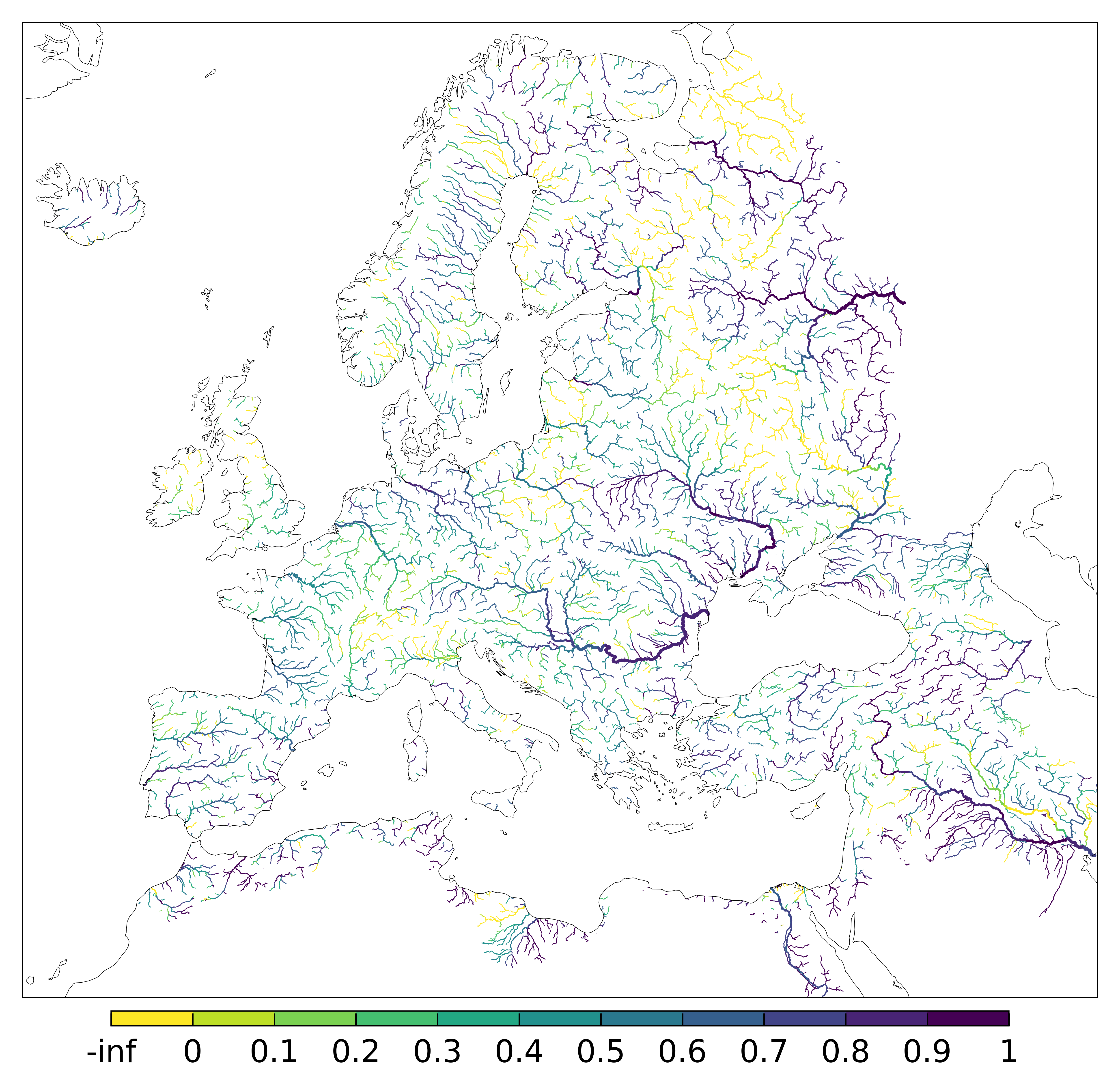 Figure 4. EFAS CRPSS at lead-time 10 day for February 2024 across the EFAS domain for catchments larger than 1000km2. Climatology is used as the reference forecast.