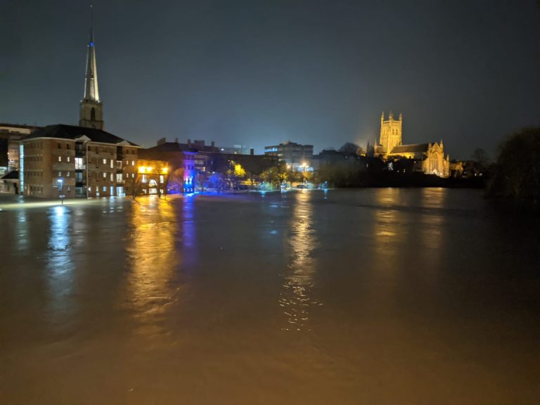 Flooding in Worcester, England, after Storm Dennis, February 2020.  Credit: West Mercia Police
