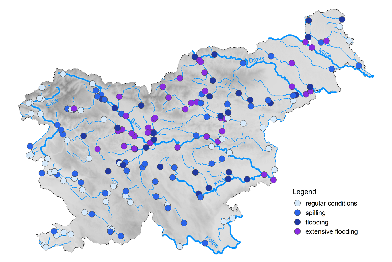 Exceeded high water discharge or water stage thresholds at the gauging stations in Slovenia during the flood event between 04 and 08 August 2023. Image: ARSO