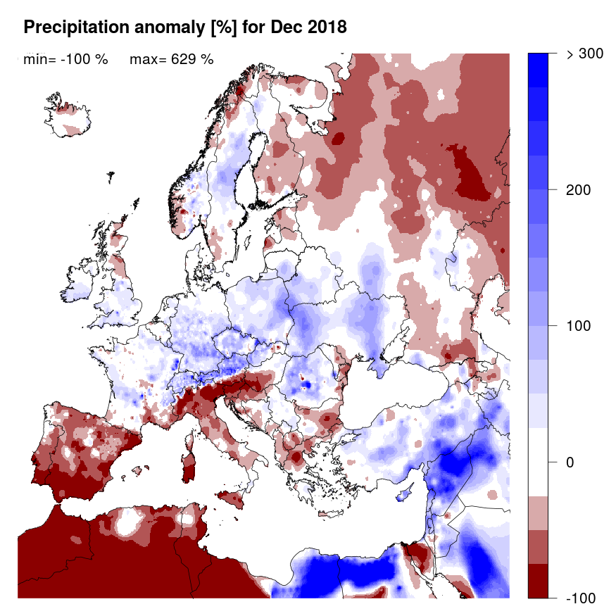 Figure 2. Precipitation anomaly [%] for December 2018, relative to a long-term average (1990-2013). Blue (red) denotes wetter (drier) conditions than normal.