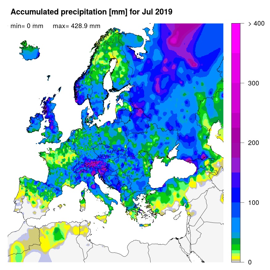 Figure 1: Accumulated precipitation [mm] for July 2019.