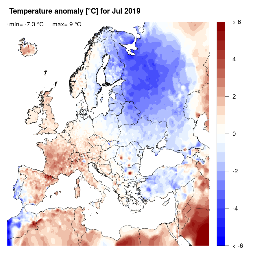Figure 4: Temperature anomaly [°C] for July 2019, relative to a long-term average (1990-2013). Blue (red) denotes colder (warmer) temperatures than normal.