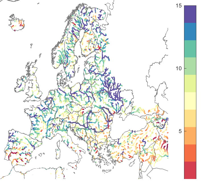 Figure 1. Number of weeks before the CRPSS goes below 0.1 for all the points in Europe (left) and for all major river points (area >=2000km2). Reference forecast was persistence. Blue colour indicates a good performance, and red colour indicates a less good performance.