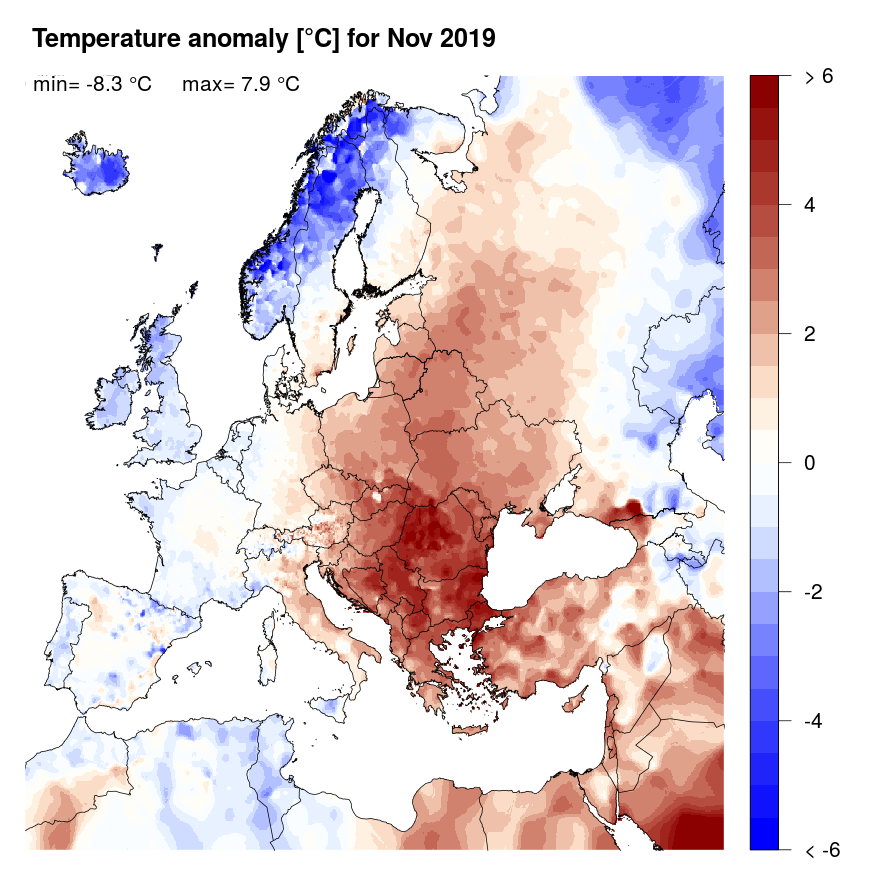 Figure 4. Temperature anomaly [°C] for November 2019, relative to a long-term average (1990-2013). Blue (red) denotes colder (warmer) temperatures than normal.
