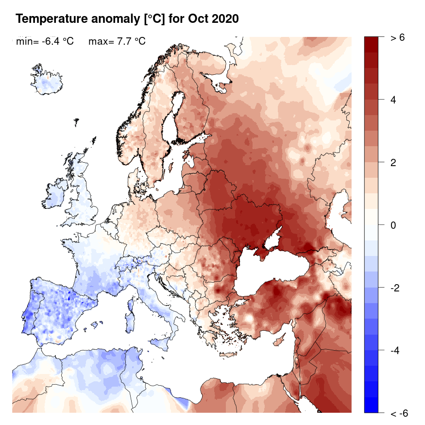 Figure 4. Temperature anomaly [°C] for October 2020, relative to a long-term average (1990-2013). Blue (red) denotes colder (warmer) temperatures than normal.