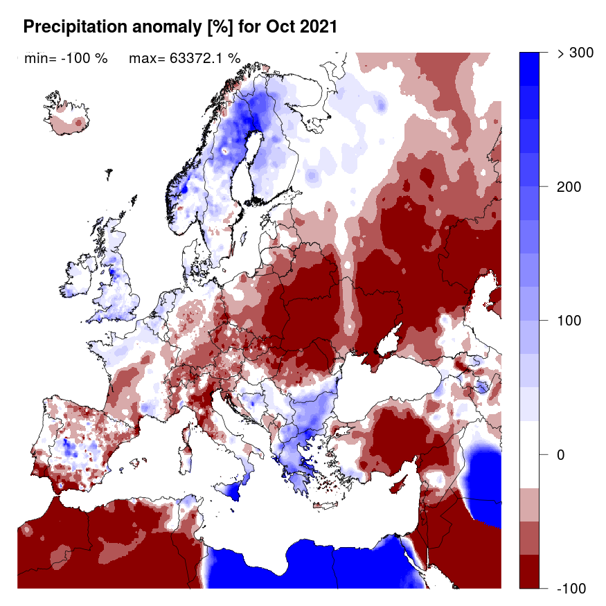 Figure 2. Precipitation anomaly [%] for October 2021, relative to a long-term average (1990-2013). Blue (red) denotes wetter (drier) conditions than normal.