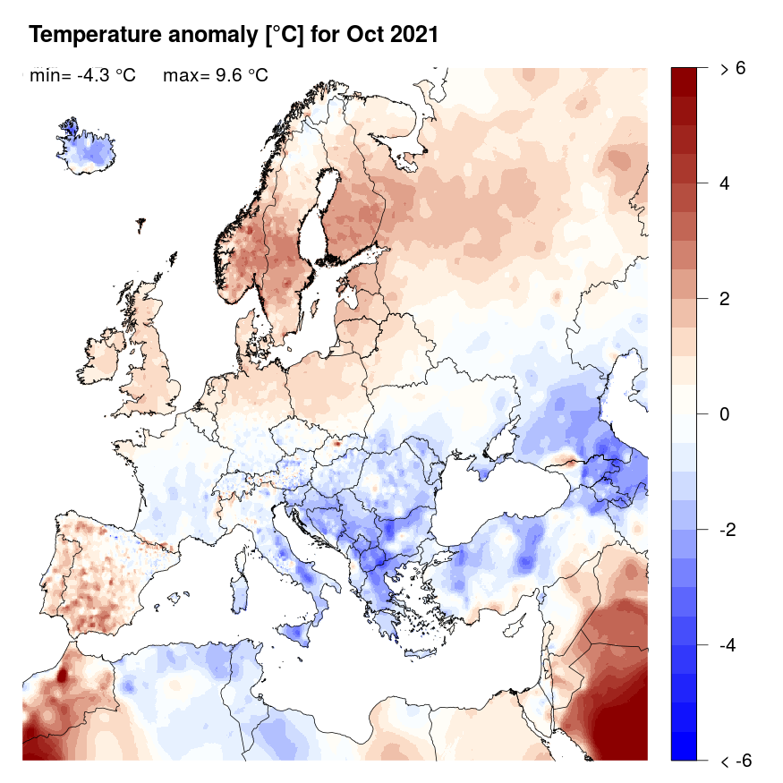 Figure 4. Temperature anomaly [°C] for October 2021, relative to a long-term average (1990-2013). Blue (red) denotes colder (warmer) temperatures than normal.